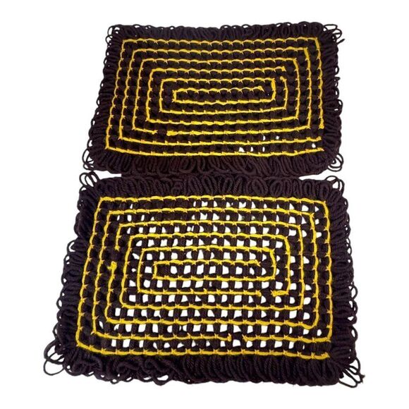 Handmade Brown & Yellow Knit Crochet Placemat Set of 2 MCM Retro Lot Centerpiece - Picture 6 of 6